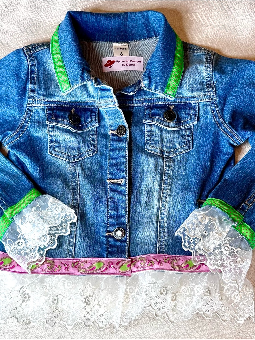 Child’s Upcycled Blue Denim Jacket with Green and Pink Ribbon Trim & White Lace